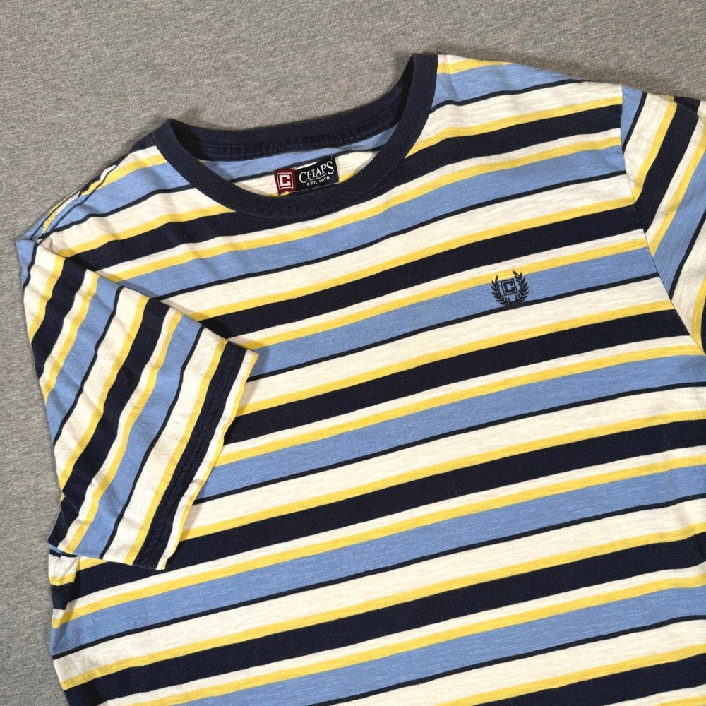 Chaps Boys XL 18-20 Striped Crew Neck T Shirt Blue White Yellow Cotton
